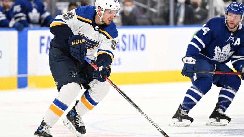 Feb 19, 2022; Toronto, Ontario, CAN;   St. Louis Blues forward Pavel Buchnevich (89) skates with the puck against the Toronto Maple Leafs in the first period at Scotiabank Arena. Mandatory Credit: Dan Hamilton-USA TODAY Sports