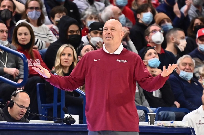 Feb 19, 2022; Spokane, Washington, USA; Santa Clara Broncos head coach Herb Sendek reacts after a foul against the Broncos during a game against the Gonzaga Bulldogs in the second half at McCarthey Athletic Center. Gonzaga won 81-69. Mandatory Credit: James Snook-USA TODAY Sports