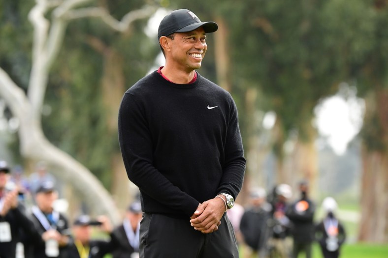 Feb 20, 2022; Pacific Palisades, California, USA; Event host Tiger Woods attends the trophy ceremony following the final round of the Genesis Invitational golf tournament. Mandatory Credit: Gary A. Vasquez-USA TODAY Sports