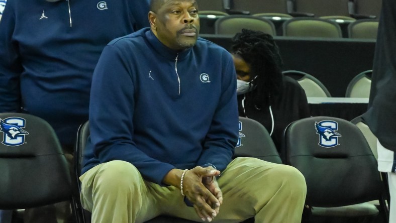 Feb 14, 2022; Omaha, Nebraska, USA;  Georgetown Hoyas head coach Patrick Ewing awaits the start of the game against the Creighton Bluejays at CHI Health Center Omaha. Mandatory Credit: Steven Branscombe-USA TODAY Sports