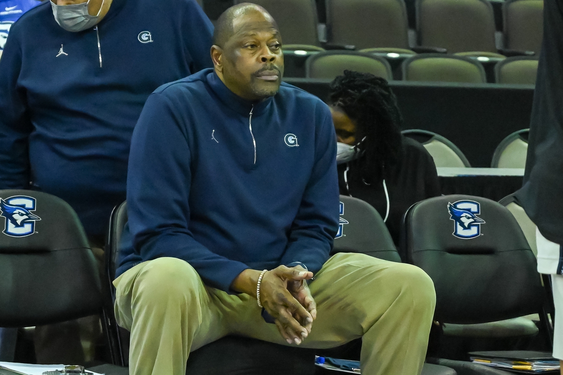 Feb 14, 2022; Omaha, Nebraska, USA;  Georgetown Hoyas head coach Patrick Ewing awaits the start of the game against the Creighton Bluejays at CHI Health Center Omaha. Mandatory Credit: Steven Branscombe-USA TODAY Sports