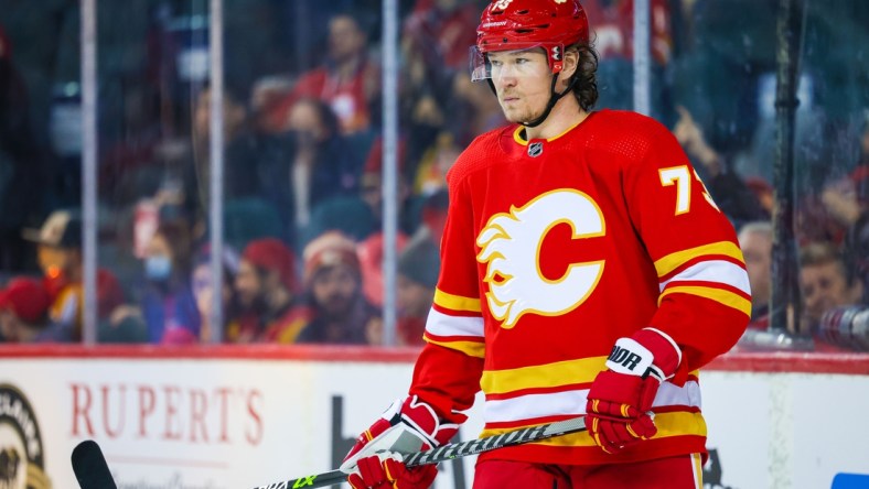 Feb 19, 2022; Calgary, Alberta, CAN; Calgary Flames right wing Tyler Toffoli (73) during the second period against the Seattle Kraken at Scotiabank Saddledome. Mandatory Credit: Sergei Belski-USA TODAY Sports