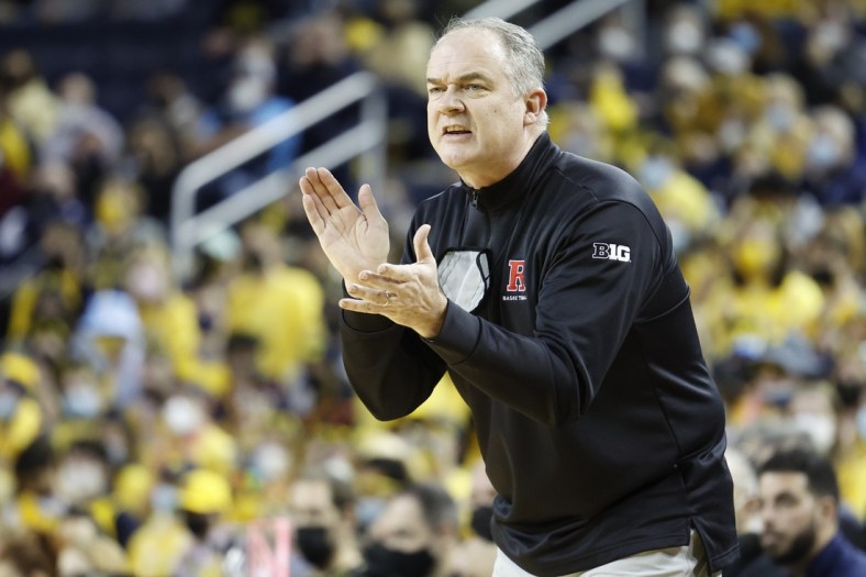 Feb 23, 2022; Ann Arbor, Michigan, USA; Rutgers Scarlet Knights head coach Steve Pikiell claps in the first half against the Michigan Wolverines at Crisler Center. Mandatory Credit: Rick Osentoski-USA TODAY Sports