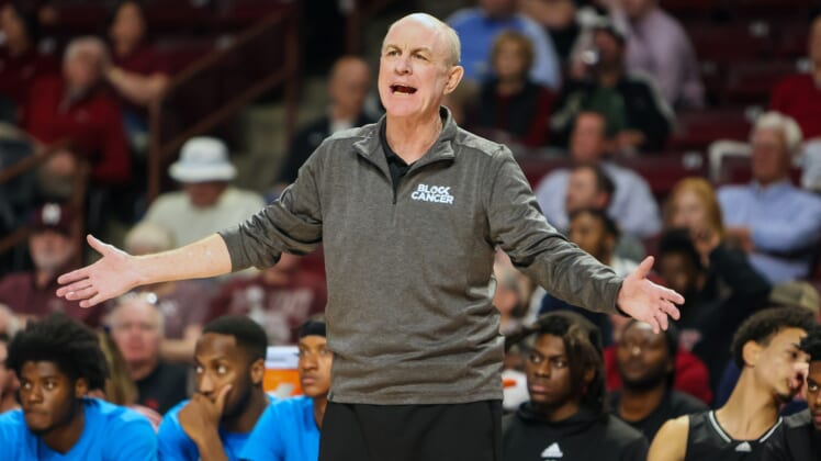 Feb 23, 2022; Columbia, South Carolina, USA; Mississippi State Bulldogs head coach Ben Howland disputes a call against the South Carolina Gamecocks in the first half at Colonial Life Arena. Mandatory Credit: Jeff Blake-USA TODAY Sports