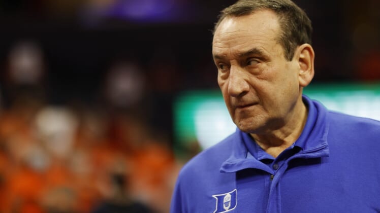 Feb 23, 2022; Charlottesville, Virginia, USA; Duke Blue Devils head coach Mike Krzyzewski walks onto the court for the final time at John Paul Jones Arena prior to the game against the Virginia Cavaliers. Mandatory Credit: Geoff Burke-USA TODAY Sports