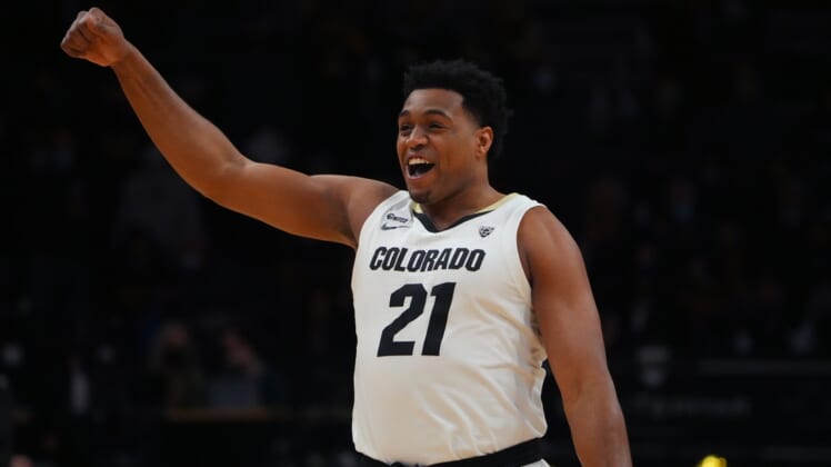 Feb 24, 2022; Boulder, Colorado, USA; Colorado Buffaloes forward Evan Battey (21) reacts in the first half against the Arizona State Sun Devils at the CU Events Center. Mandatory Credit: Ron Chenoy-USA TODAY Sports
