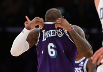Feb 25, 2022; Los Angeles, California, USA;   Los Angeles Lakers forward LeBron James (6) adjusts his jersey in the first half of the game against the Los Angeles Clippers at Crypto.com Arena. Mandatory Credit: Jayne Kamin-Oncea-USA TODAY Sports