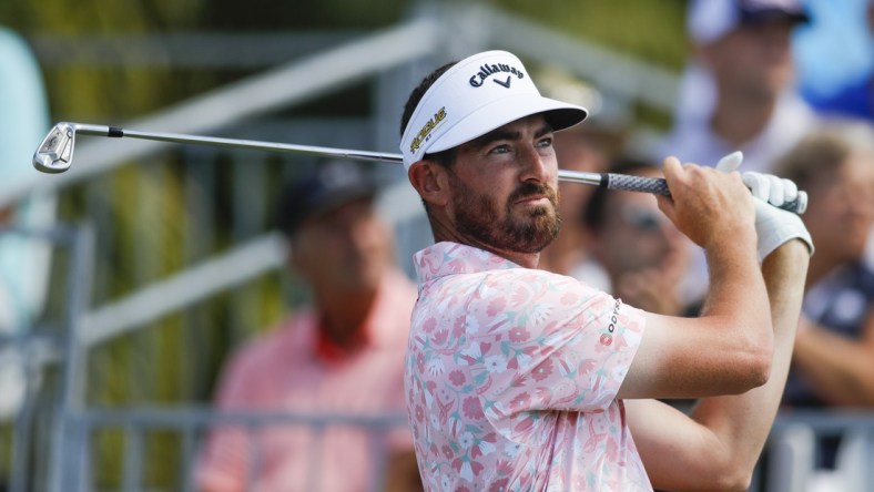 Feb 26, 2022; Palm Beach Gardens, Florida, USA; Chase Seiffert plays his shot from the first tee during the third round of The Honda Classic golf tournament. Mandatory Credit: Sam Navarro-USA TODAY Sports