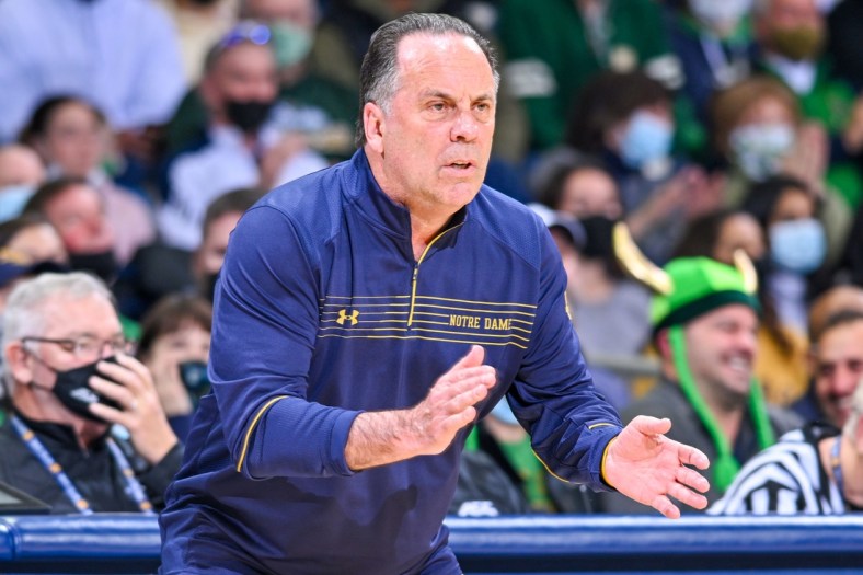 Feb 26, 2022; South Bend, Indiana, USA; Notre Dame Fighting Irish head coach Mike Brey watches in the first half against the Georgia Tech Yellow Jackets at the Purcell Pavilion. Mandatory Credit: Matt Cashore-USA TODAY Sports