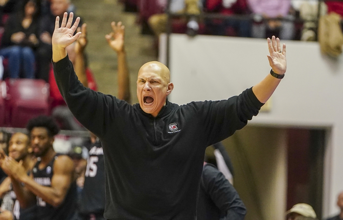 Feb 26, 2022; Tuscaloosa, Alabama, USA; South Carolina Gamecocks head coach Frank Martin during second half during the game against Alabama Crimson Tide at Coleman Coliseum. Mandatory Credit: Marvin Gentry-USA TODAY Sports