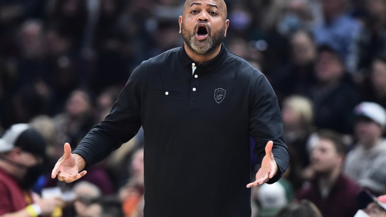 Feb 26, 2022; Cleveland, Ohio, USA; Cleveland Cavaliers head coach J.B. Bickerstaff yells to his team during the first half against the Washington Wizards at Rocket Mortgage FieldHouse. Mandatory Credit: Ken Blaze-USA TODAY Sports