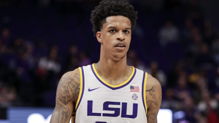 Feb 26, 2022; Baton Rouge, Louisiana, USA;  LSU Tigers forward Shareef O'Neal (24) looks on during the second half against the Missouri Tigers at the Pete Maravich Assembly Center. Mandatory Credit: Stephen Lew-USA TODAY Sports