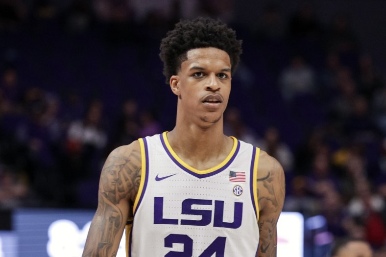 Feb 26, 2022; Baton Rouge, Louisiana, USA;  LSU Tigers forward Shareef O'Neal (24) looks on during the second half against the Missouri Tigers at the Pete Maravich Assembly Center. Mandatory Credit: Stephen Lew-USA TODAY Sports