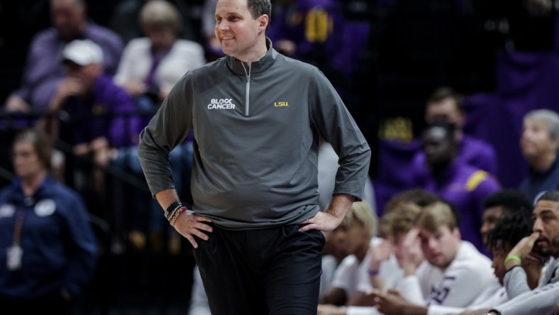 Feb 26, 2022; Baton Rouge, Louisiana, USA;  LSU Tigers head coach Will Wade reacts during the second half against the Missouri Tigers at the Pete Maravich Assembly Center. Mandatory Credit: Stephen Lew-USA TODAY Sports