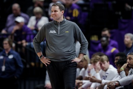 Feb 26, 2022; Baton Rouge, Louisiana, USA;  LSU Tigers head coach Will Wade reacts during the second half against the Missouri Tigers at the Pete Maravich Assembly Center. Mandatory Credit: Stephen Lew-USA TODAY Sports