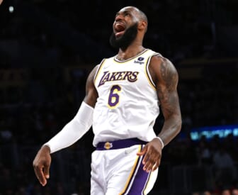 Feb 27, 2022; Los Angeles, California, USA;  Los Angeles Lakers forward LeBron James (6) reacts after missing a basket in the first half against the New Orleans Pelicans at Crypto.com Arena. Mandatory Credit: Jayne Kamin-Oncea-USA TODAY Sports
