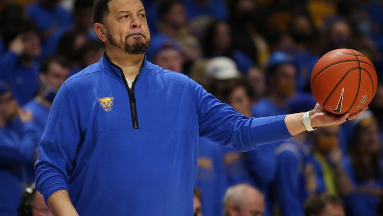 Feb 22, 2022; Pittsburgh, Pennsylvania, USA;  Pittsburgh Panthers head coach Jeff Capel during the first half at the Petersen Events Center. Mandatory Credit: Charles LeClaire-USA TODAY Sports