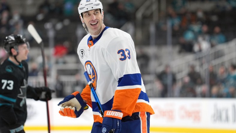 Feb 24, 2022; San Jose, California, USA; New York Islanders defenseman Zdeno Chara (33) during the second period against the San Jose Sharks at SAP Center at San Jose. Mandatory Credit: Darren Yamashita-USA TODAY Sports