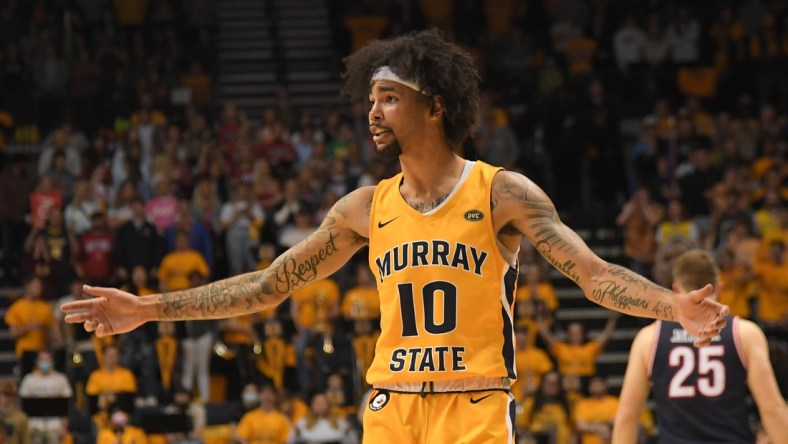 Feb 24, 2022; Murray, Kentucky, USA;  Murray State Racers guard Tevin Brown (10) against the Belmont Bruins during first half at CFSB Center. Mandatory Credit: Steve Roberts-USA TODAY Sports