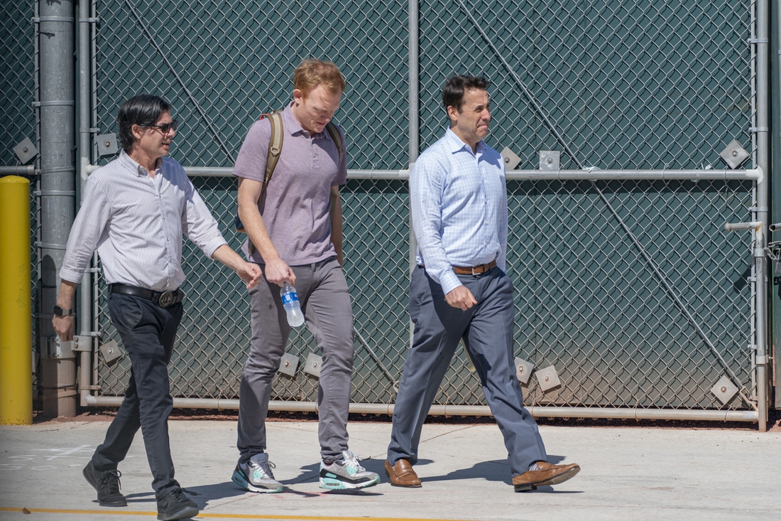 Feb 28, 2022; Jupiter, FL, USA; Deputy Commissioner Dan Halem, right, Major League Baseball Executive Vice President Morgan Sword, center, and public relations Glen Sword, left, (not part of bargaining) arrive for negotiations with the players union in an attempt to reach an agreement to salvage March 31 openers and a 162-game season, Feb. 28, 2022, at Roger Dean Stadium in  Jupiter, Florida. Mandatory Credit: Greg Lovett-USA TODAY NETWORK