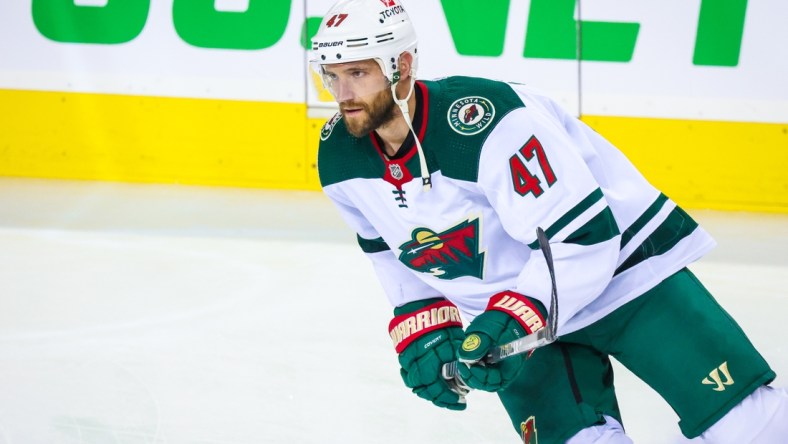 Feb 26, 2022; Calgary, Alberta, CAN; Minnesota Wild defenseman Alex Goligoski (47) skates during the warmup period against the Calgary Flames at Scotiabank Saddledome. Mandatory Credit: Sergei Belski-USA TODAY Sports