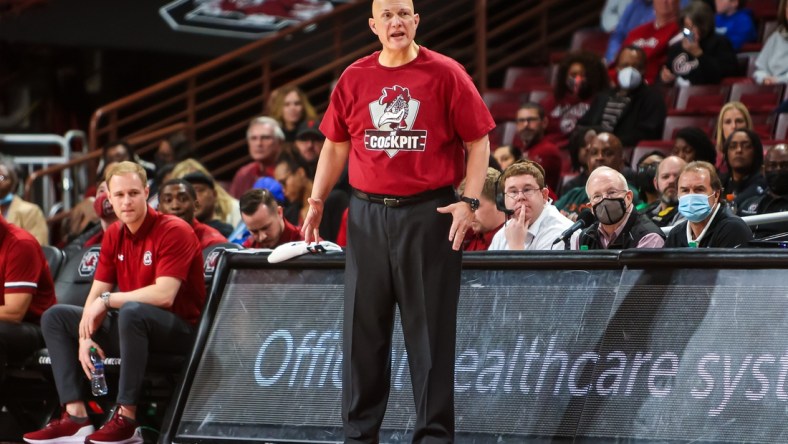 Mar 1, 2022; Columbia, South Carolina, USA; South Carolina Gamecocks head coach Frank Martin directs his team against the Missouri Tigers in the first half at Colonial Life Arena. Mandatory Credit: Jeff Blake-USA TODAY Sports