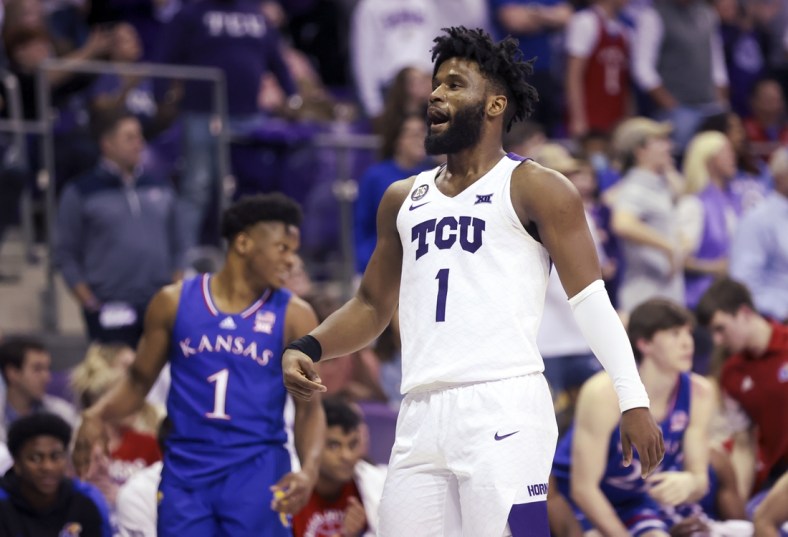 Mar 1, 2022; Fort Worth, Texas, USA;  TCU Horned Frogs guard Mike Miles (1) reacts after scoring during the second half against the Kansas Jayhawks at Ed and Rae Schollmaier Arena. Mandatory Credit: Kevin Jairaj-USA TODAY Sports