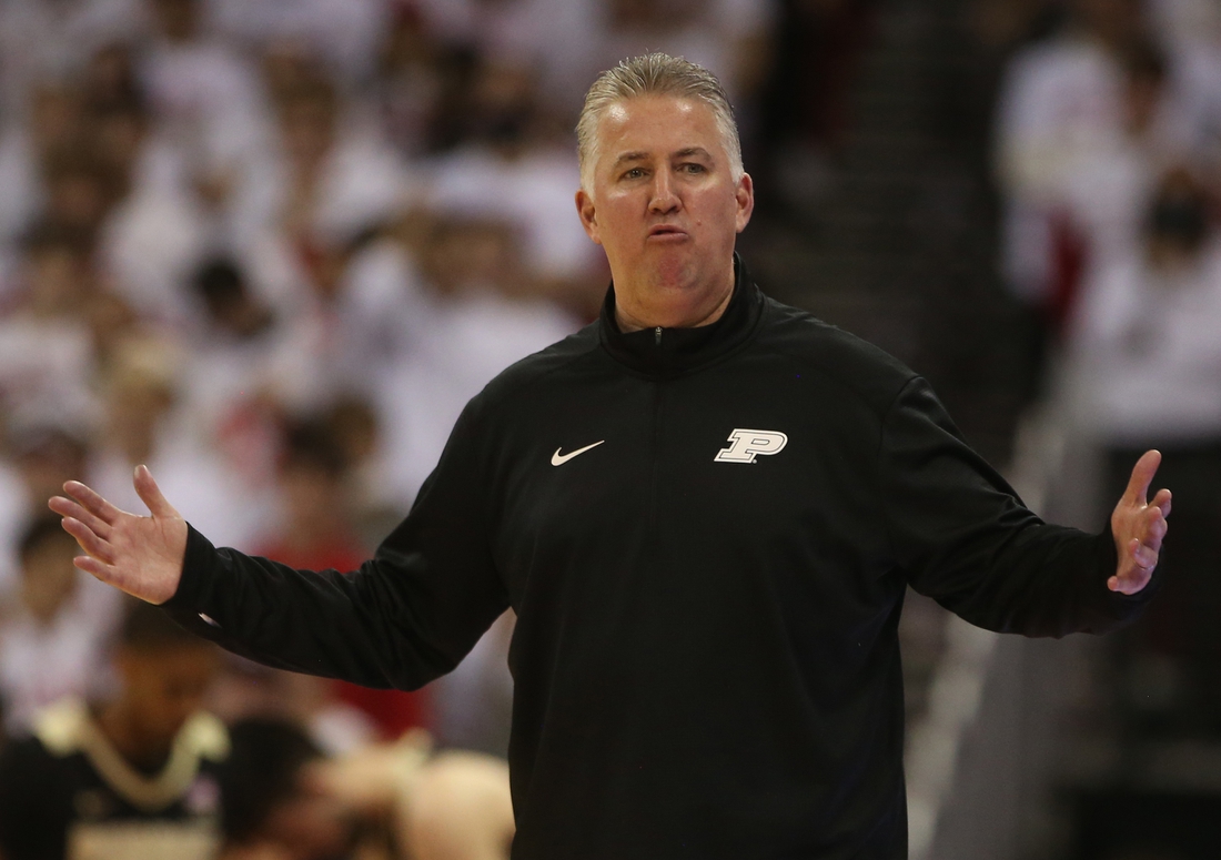 Mar 1, 2022; Madison, Wisconsin, USA; Purdue Boilermakers head coach Matt Painter  disputes a referee's call during the game with the Wisconsin Badgers at the Kohl Center. Mandatory Credit: Mary Langenfeld-USA TODAY Sports