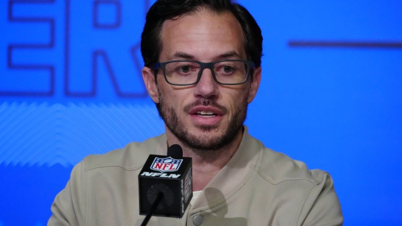 Mar 2, 2022; Indianapolis, IN, USA; Miami Dolphins coach Mike McDaniel during the NFL Combine at the Indiana Convention Center. Mandatory Credit: Kirby Lee-USA TODAY Sports