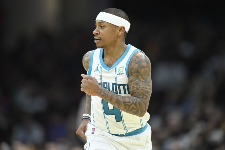 Mar 2, 2022; Cleveland, Ohio, USA; Charlotte Hornets guard Isaiah Thomas (4) runs on the court in the third quarter against the Cleveland Cavaliers at Rocket Mortgage FieldHouse. Mandatory Credit: David Richard-USA TODAY Sports