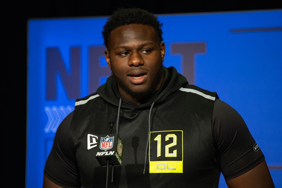 Mar 3, 2022; Indianapolis, IN, USA; North Carolina State offensive lineman Ickey Ekwonu  talks to the media during the 2022 NFL Scouting Combine.  Mandatory Credit: Trevor Ruszkowski-USA TODAY Sports