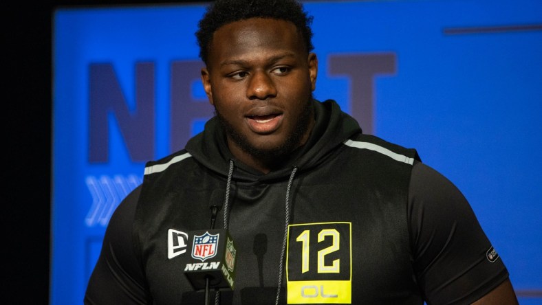 Mar 3, 2022; Indianapolis, IN, USA; North Carolina State offensive lineman Ickey Ekwonu  talks to the media during the 2022 NFL Scouting Combine.  Mandatory Credit: Trevor Ruszkowski-USA TODAY Sports