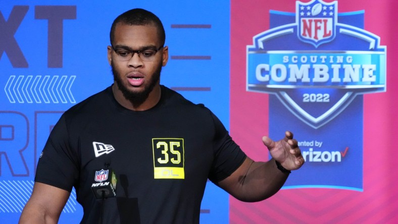 Mar 3, 2022; Indianapolis, IN, USA; Alabama Crimson Tide offensive lineman Evan Neal during the NFL Scouting Combine at the Indiana Convention Center. Mandatory Credit: Kirby Lee-USA TODAY Sports