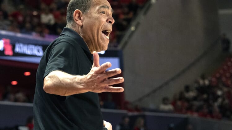Mar 3, 2022; Houston, Texas, USA;  Houston Cougars head coach Kelvin Sampson argues a call in the second half against the Temple Owls at Fertitta Center. Mandatory Credit: Thomas Shea-USA TODAY Sports