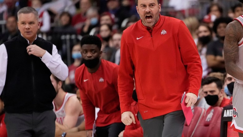 Ohio State Buckeyes assistant coach Ryan Pedon yells from the bench beside head coach Chris Holtmann during the first half of the NCAA men's basketball game against the Michigan State Spartans at Value City Arena in Columbus on March 3, 2022.

Michigan State Spartans At Ohio State Buckeyes