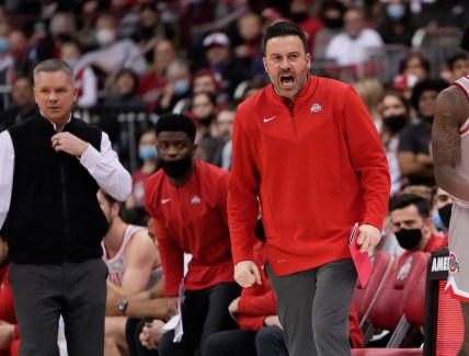 Ohio State Buckeyes assistant coach Ryan Pedon yells from the bench beside head coach Chris Holtmann during the first half of the NCAA men's basketball game against the Michigan State Spartans at Value City Arena in Columbus on March 3, 2022.

Michigan State Spartans At Ohio State Buckeyes