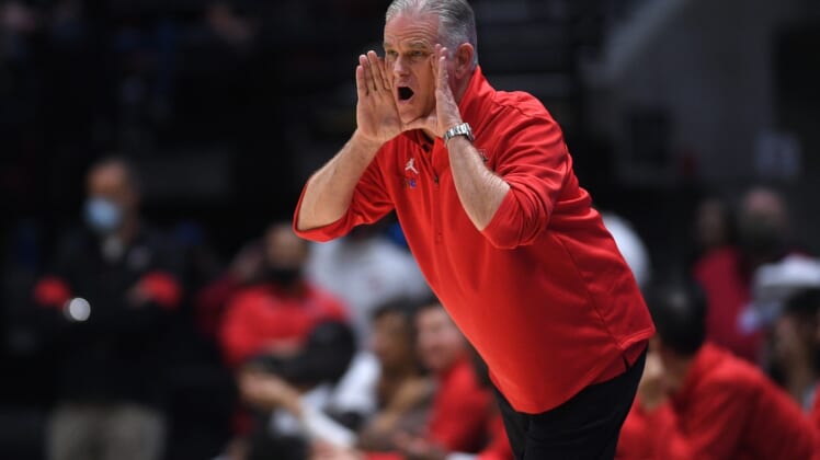 Mar 3, 2022; San Diego, California, USA; San Diego State Aztecs head coach Brian Dutcher calls out from the sideline during the second half against the Fresno State Bulldogs at Viejas Arena. Mandatory Credit: Orlando Ramirez-USA TODAY Sports