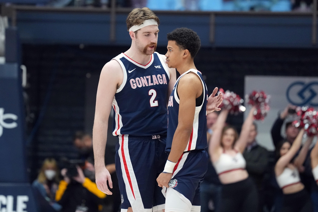 Feb 26, 2022; Moraga, California, USA; Gonzaga Bulldogs forward Drew Timme (2) talks to guard Rasir Bolton (45) before the game against the Saint Mary's Gaels at University Credit Union Pavilion. Mandatory Credit: Darren Yamashita-USA TODAY Sports