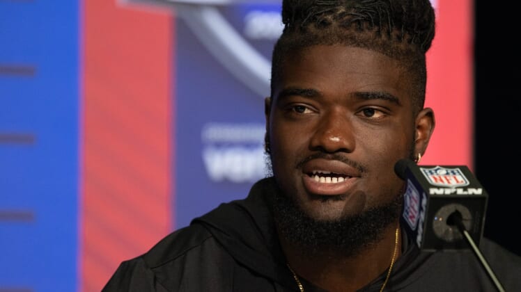 Mar 4, 2022; Indianapolis, IN, USA; Michigan defensive lineman David Ojabo (DL36) talks to the media during the 2022 NFL Combine.  Mandatory Credit: Trevor Ruszkowski-USA TODAY Sports