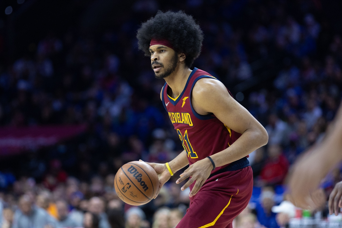 Mar 4, 2022; Philadelphia, Pennsylvania, USA; Cleveland Cavaliers center Jarrett Allen (31) dribbles the ball against the Philadelphia 76ers during the first quarter at Wells Fargo Center. Mandatory Credit: Bill Streicher-USA TODAY Sports