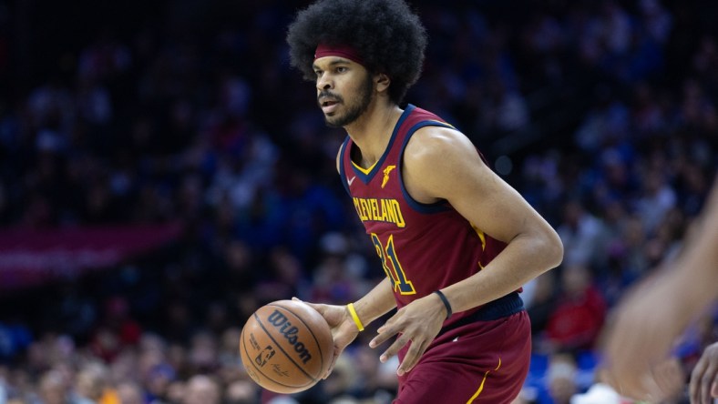 Mar 4, 2022; Philadelphia, Pennsylvania, USA; Cleveland Cavaliers center Jarrett Allen (31) dribbles the ball against the Philadelphia 76ers during the first quarter at Wells Fargo Center. Mandatory Credit: Bill Streicher-USA TODAY Sports