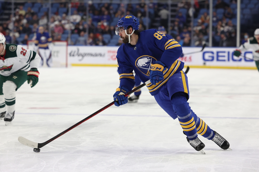 Mar 4, 2022; Buffalo, New York, USA;  Buffalo Sabres right wing Alex Tuch (89) looks to make a pass during the second period against the Minnesota Wild at KeyBank Center. Mandatory Credit: Timothy T. Ludwig-USA TODAY Sports