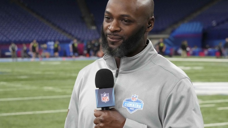 Mar 4, 2022; Indianapolis, IN, USA; Former NFL wide receiver Reggie Wayne during the 2022 NFL Scouting Combine at Lucas Oil Stadium. Mandatory Credit: Kirby Lee-USA TODAY Sports