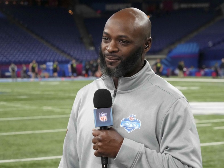 Mar 4, 2022; Indianapolis, IN, USA; Former NFL wide receiver Reggie Wayne during the 2022 NFL Scouting Combine at Lucas Oil Stadium. Mandatory Credit: Kirby Lee-USA TODAY Sports
