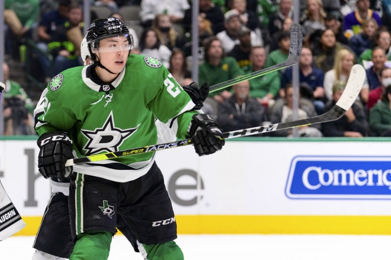 Mar 2, 2022; Dallas, Texas, USA; Dallas Stars left wing Jason Robertson (21) in action during the game between the Los Angeles Kings and the Dallas Stars at the American Airlines Center. Mandatory Credit: Jerome Miron-USA TODAY Sports