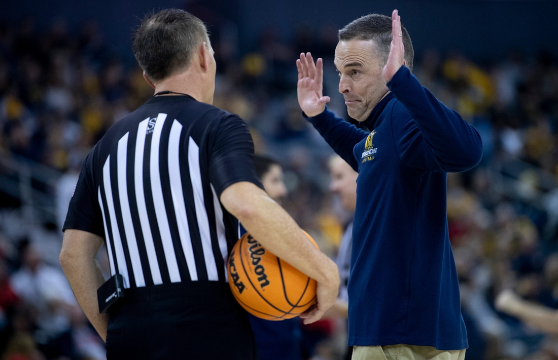 Murray State Head Coach Matt McMahon pleads his case with the referee during their semifinal game against Southeast Missouri of the 2022 Ohio Valley Conference Men's Basketball Championship at Ford Center in Evansville, Ind., March 4, 2022. Murray State won the game 88-74 and advanced to Saturday night's championship game.

Ds3422ovcmbksemi027