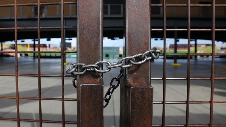 Mar. 4, 2022; Phoenix, AZ, USA; Locked gates instead of packed lines at the Salt River Fields at Talking Stick. Mandatory Credit: Patrick Breen-USA TODAY NETWORK