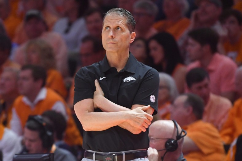Arkansas head coach Eric Musselman stands on the sidelines during the final regular season game between Tennessee and Arkansas at Thompson-Boling Arena in Knoxville, Tenn., Saturday, March 5, 2022.

Utark0305 0438