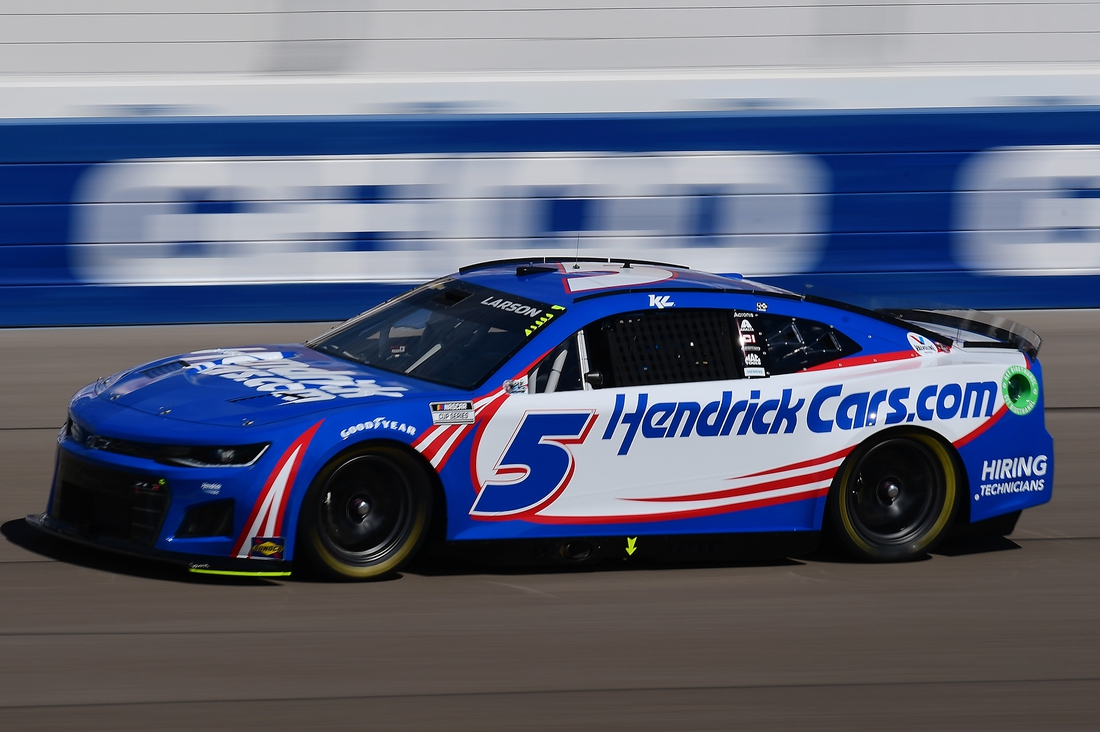 Mar 5, 2022; Las Vegas, Nevada, USA; NASCAR Cup Series driver Kyle Larson (5) during practice for the Pennzoil 400 at Las Vegas Motor Speedway. Mandatory Credit: Gary A. Vasquez-USA TODAY Sports