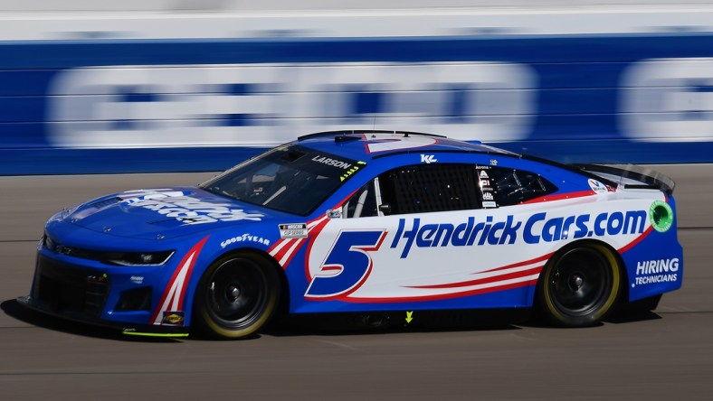 Mar 5, 2022; Las Vegas, Nevada, USA; NASCAR Cup Series driver Kyle Larson (5) during practice for the Pennzoil 400 at Las Vegas Motor Speedway. Mandatory Credit: Gary A. Vasquez-USA TODAY Sports